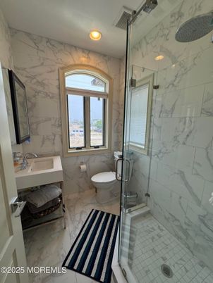 Bathroom, Glass Shower, Interior, Marble, Marble Walls, Recessed Lighting