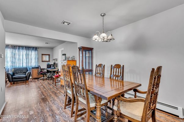 Dining room, Interior, Pendant Lights, Wood Texture Flooring