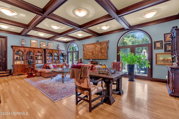 Dining room, Interior, Recessed Lighting, Wooden Beams, Wood Texture Flooring