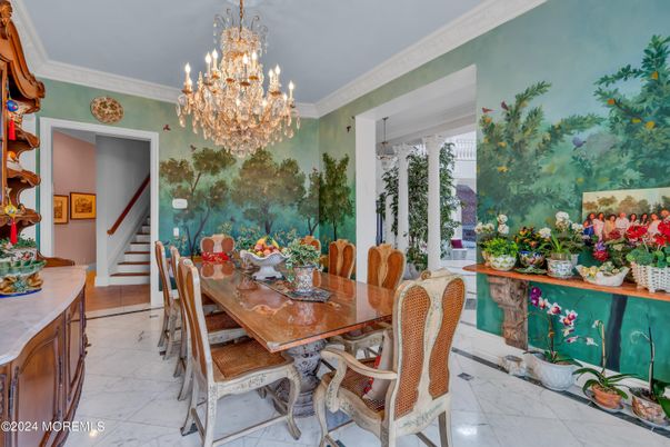 Chandelier, Dining room, Interior, Marble