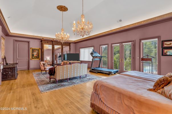 Bedroom, Chandelier, Fitness Equipment, Interior, Wood Texture Flooring