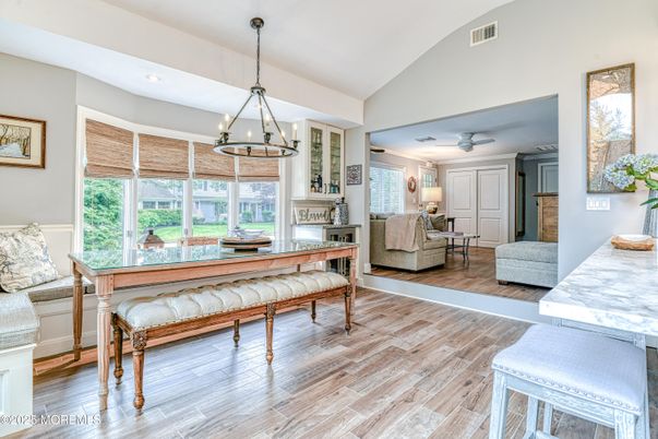 Chandelier, Dining room, Interior, Living room, Pendant Lights, Recessed Lighting, Wood Texture Flooring