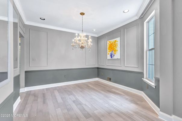 Chandelier, Empty room, Interior, Recessed Lighting, Wood Texture Flooring