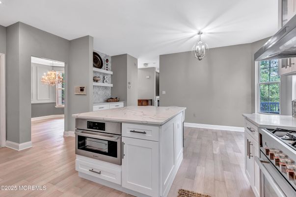 Chandelier, Interior, Kitchen, Stainless Steel Appliances, Wood Texture Flooring