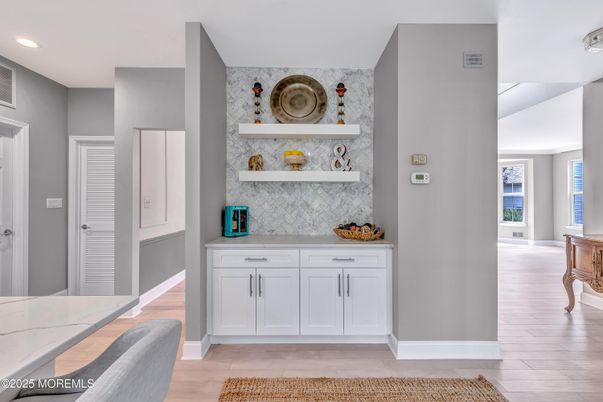 Interior, Marble Walls, Recessed Lighting, Wood Texture Flooring