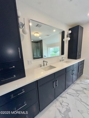 Bathroom, Dual Sink Vanities, Interior, Marble, Recessed Lighting