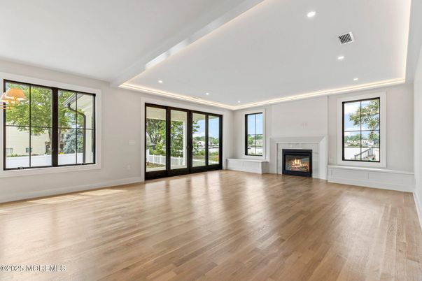 Empty room, Fireplace, Interior, Recessed Lighting, Wood Texture Flooring
