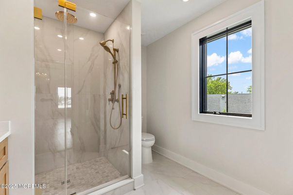Bathroom, Glass Shower, Interior, Marble, Marble Walls, Recessed Lighting