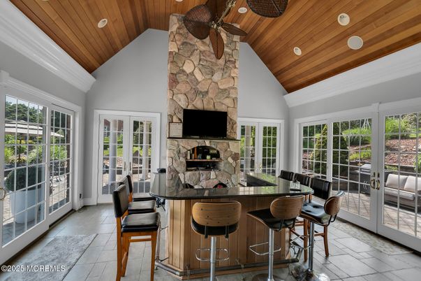 Fireplace, Interior, Recessed Lighting, Stone Walls, Wooden Ceilings