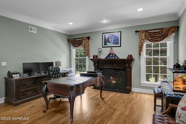 Fireplace, Home Office, Interior, Recessed Lighting, Wood Texture Flooring