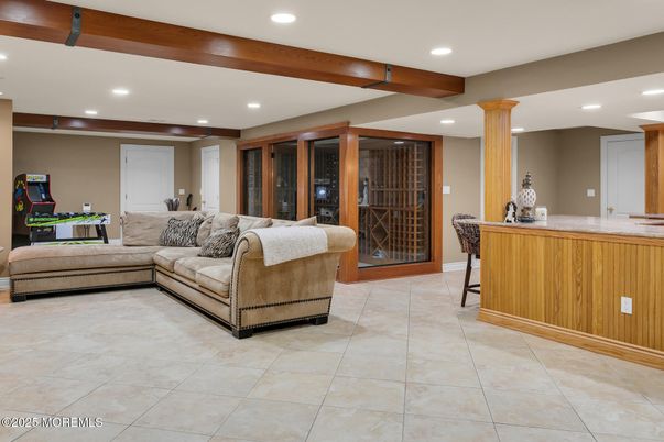 Interior, Living room, Recessed Lighting, Wooden Beams