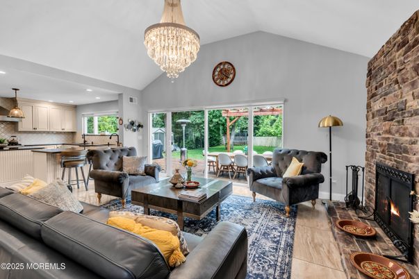 Chandelier, Fireplace, Interior, Kitchen, Living room, Recessed Lighting, Stone Walls