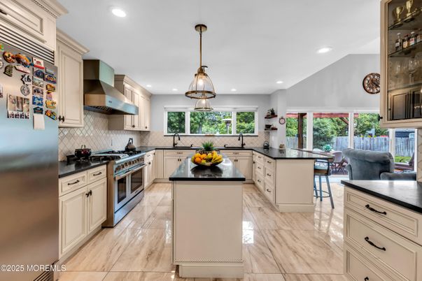 Interior, Kitchen, Marble, Pendant Lights, Recessed Lighting, Stainless Steel Appliances