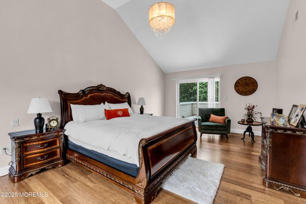 Bedroom, Chandelier, Interior, Wood Texture Flooring
