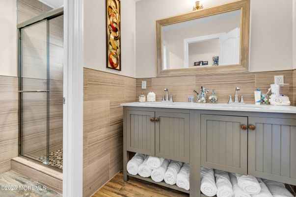 Bathroom, Glass Shower, Interior, Wood Texture Flooring