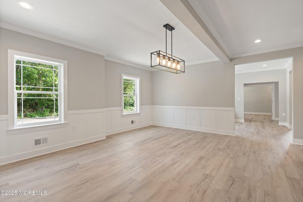 Empty room, Interior, Pendant Lights, Recessed Lighting, Wood Texture Flooring