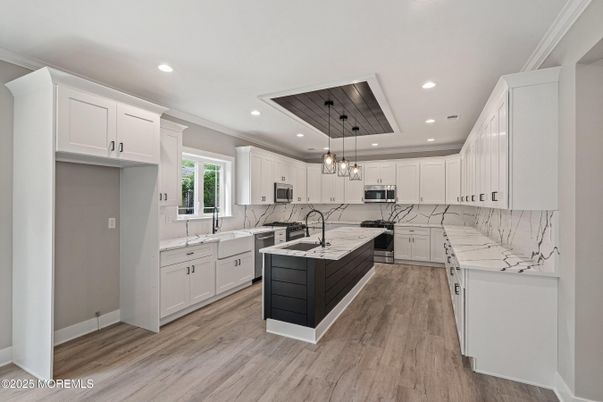 Interior, Kitchen, Pendant Lights, Recessed Lighting, Stainless Steel Appliances, Wooden Ceilings, Wood Texture Flooring