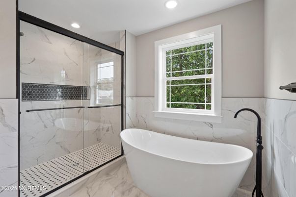Bathroom, Free Standing Baths, Glass Shower, Interior, Marble, Marble Walls, Recessed Lighting