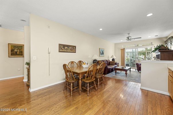 Dining room, Interior, Living room, Recessed Lighting, Wood Texture Flooring