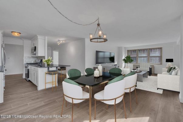Dining room, Interior, Kitchen, Living room, Pendant Lights, Wood Texture Flooring