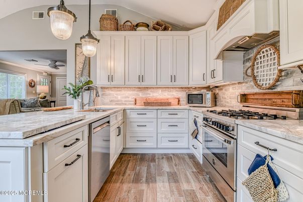 Interior, Kitchen, Pendant Lights, Stainless Steel Appliances, Wood Texture Flooring