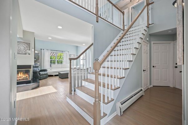 Fireplace, Interior, Recessed Lighting, Wood Texture Flooring