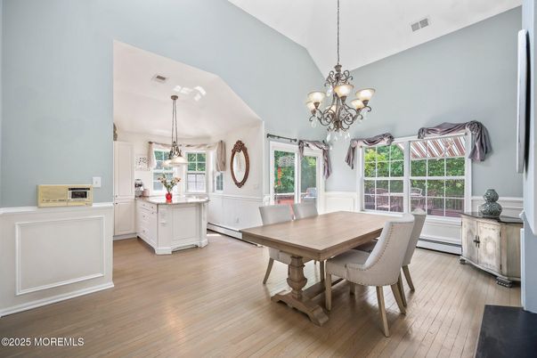 Chandelier, Dining room, Interior, Pendant Lights, Wood Texture Flooring