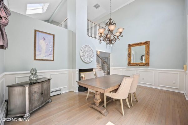 Chandelier, Dining room, Interior, Wood Texture Flooring