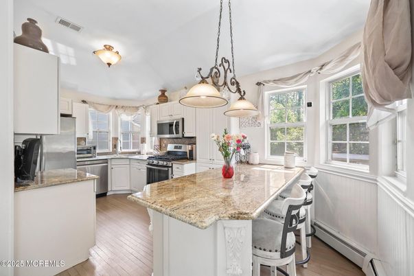 Interior, Kitchen, Pendant Lights, Stainless Steel Appliances, Wood Texture Flooring