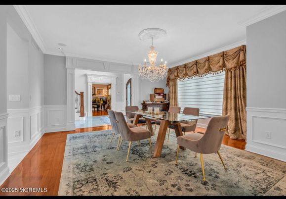 Chandelier, Dining room, Interior, Wood Texture Flooring