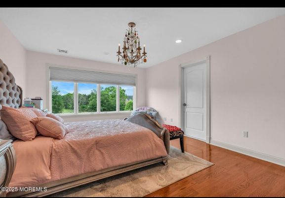 Bedroom, Chandelier, Interior, Recessed Lighting, Wood Texture Flooring