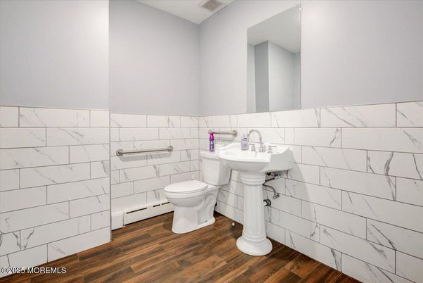Bathroom, Interior, Marble Walls, Wood Texture Flooring