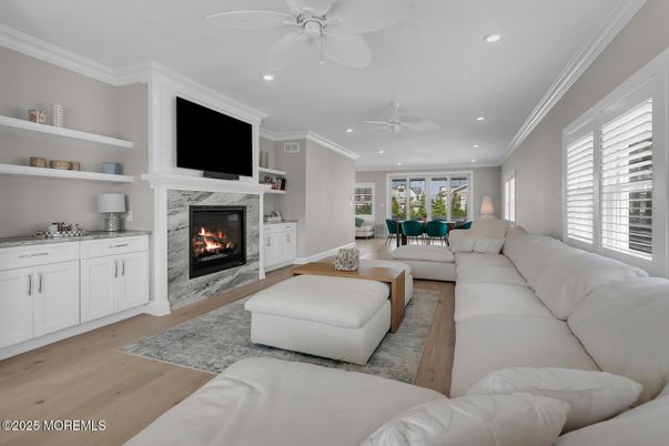 Fireplace, Interior, Living room, Recessed Lighting, Wood Texture Flooring