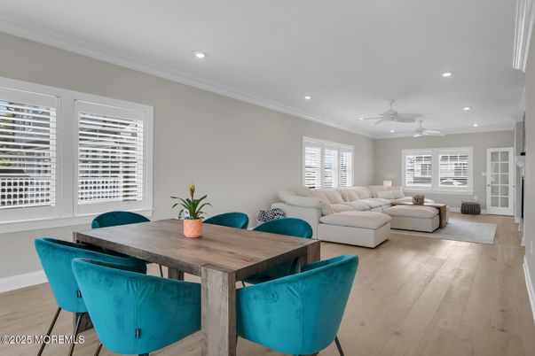 Dining room, Interior, Living room, Recessed Lighting, Wood Texture Flooring