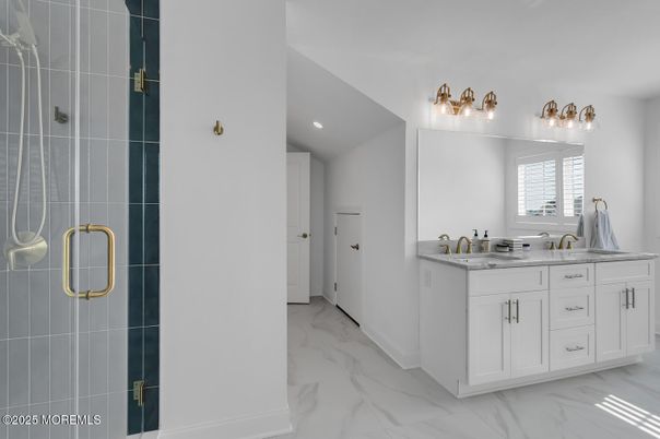 Bathroom, Dual Sink Vanities, Glass Shower, Interior, Marble, Recessed Lighting