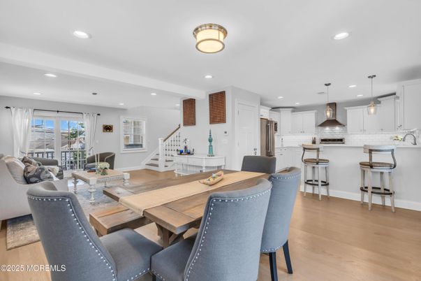 Dining room, Interior, Kitchen, Living room, Pendant Lights, Recessed Lighting, Stainless Steel Appliances, Wood Texture Flooring