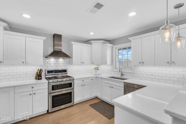Interior, Kitchen, Pendant Lights, Recessed Lighting, Stainless Steel Appliances, Wood Texture Flooring
