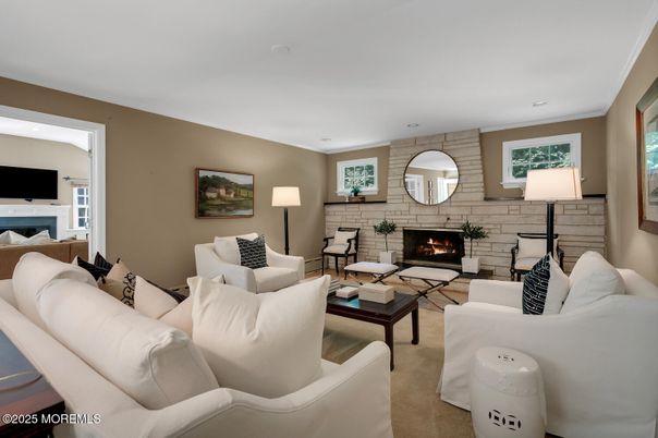 Fireplace, Interior, Living room, Recessed Lighting, Stone Walls