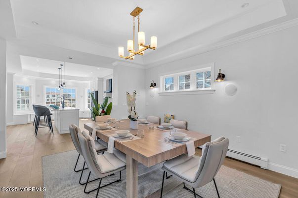 Chandelier, Dining room, Interior, Pendant Lights, Recessed Lighting, Wood Texture Flooring