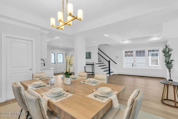 Dining room, Interior, Living room, Recessed Lighting, Wood Texture Flooring