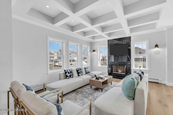 Fireplace, Interior, Living room, Recessed Lighting, Wood Texture Flooring