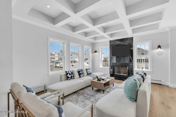Fireplace, Interior, Living room, Recessed Lighting, Wood Texture Flooring