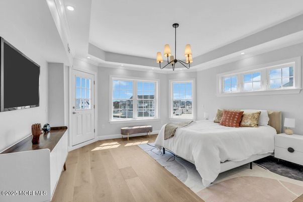 Bedroom, Chandelier, Interior, Recessed Lighting, Wood Texture Flooring
