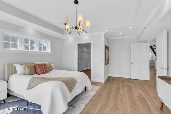 Bedroom, Chandelier, Interior, Recessed Lighting, Wood Texture Flooring