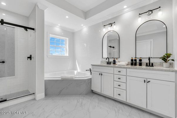 Bathroom, Dual Sink Vanities, Interior, Marble, Recessed Lighting