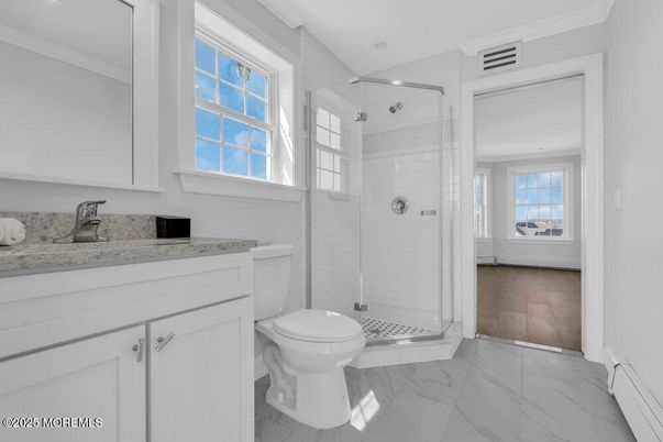 Bathroom, Glass Shower, Interior, Marble, Wood Texture Flooring