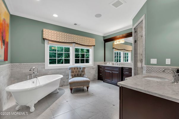 Bathroom, Dual Sink Vanities, Free Standing Baths, Interior, Marble, Recessed Lighting