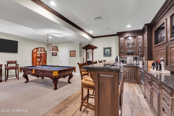 Billiard Table, Game Room, Interior, Pendant Lights, Recessed Lighting, Wood Texture Flooring