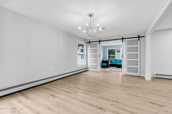 Chandelier, Empty room, Interior, Pendant Lights, Wood Texture Flooring
