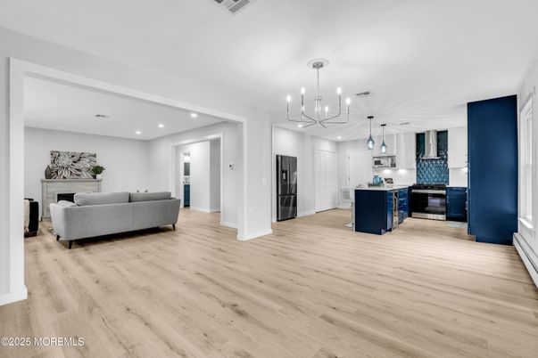 Fireplace, Interior, Kitchen, Living room, Pendant Lights, Recessed Lighting, Wood Texture Flooring